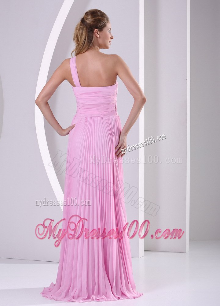 Pink Ruching One shoulder Pleated Long Dresses For Bridesmaid