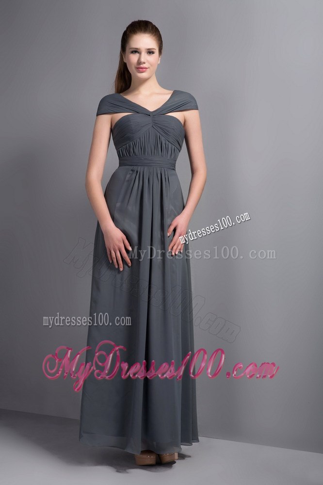 Off the Shoulder Pleated Empire Bridesmaid Dresses in Grey