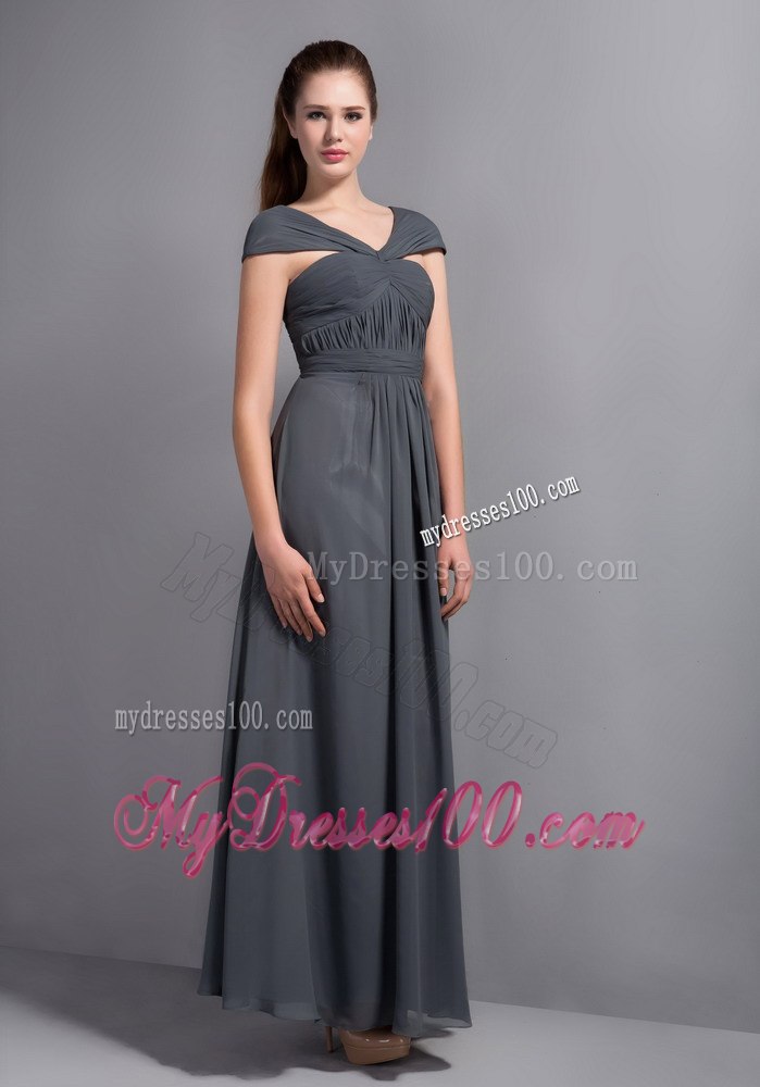 Off the Shoulder Pleated Empire Bridesmaid Dresses in Grey