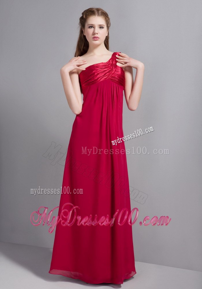 Wine Red Ruching One Shoulder Empire Chiffon Maid of Honor Dress