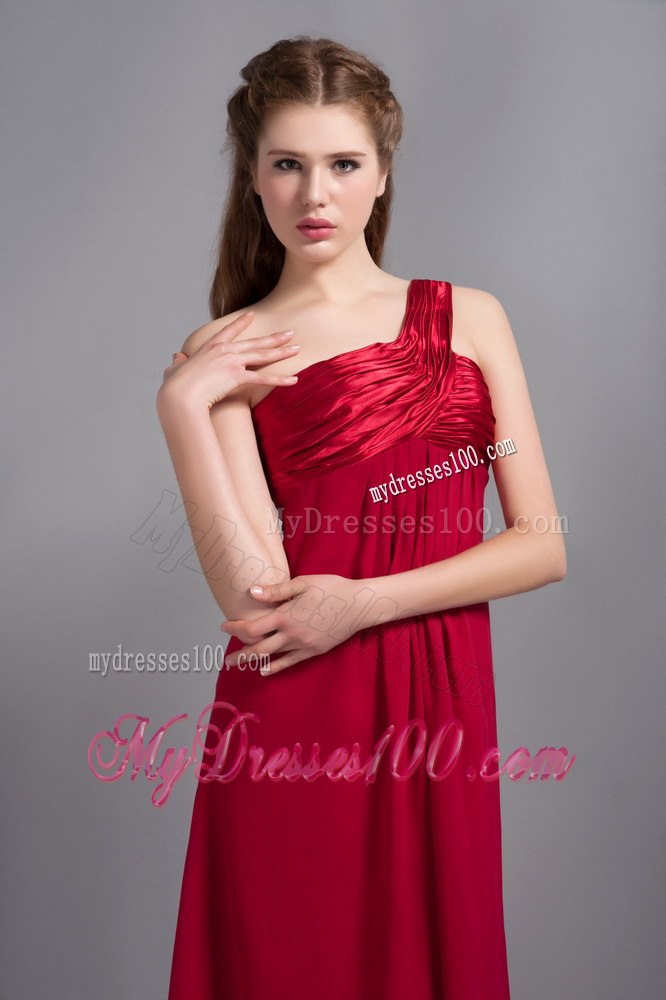 Wine Red Ruching One Shoulder Empire Chiffon Maid of Honor Dress