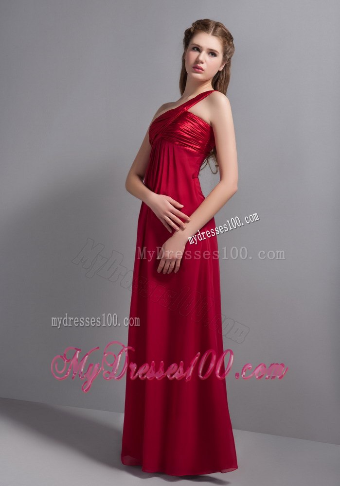 Wine Red Ruching One Shoulder Empire Chiffon Maid of Honor Dress