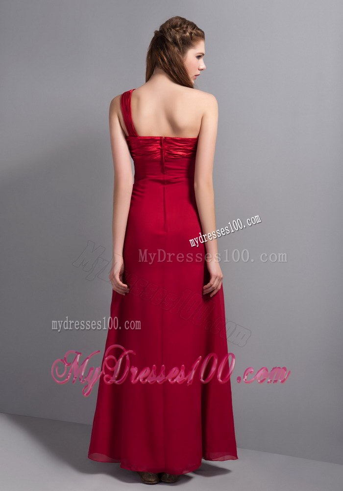 Wine Red Ruching One Shoulder Empire Chiffon Maid of Honor Dress