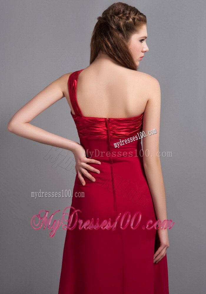 Wine Red Ruching One Shoulder Empire Chiffon Maid of Honor Dress