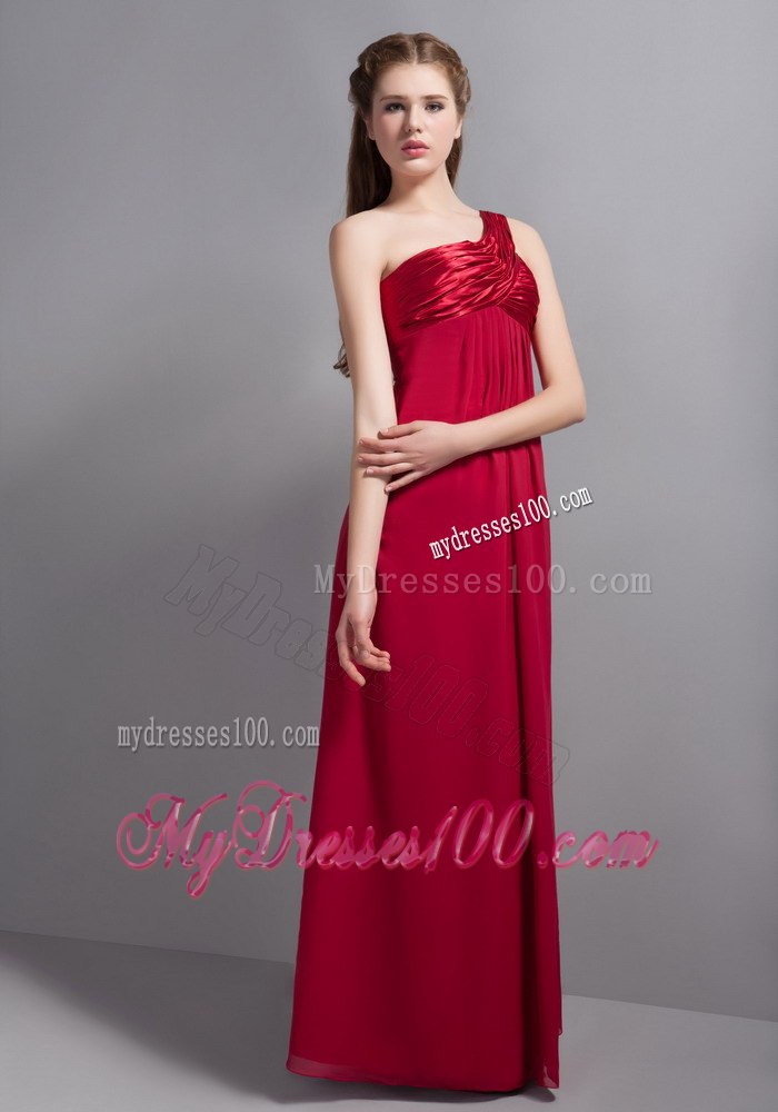 Wine Red Ruching One Shoulder Empire Chiffon Maid of Honor Dress