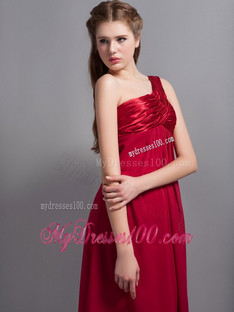 Wine Red Ruching One Shoulder Empire Chiffon Maid of Honor Dress