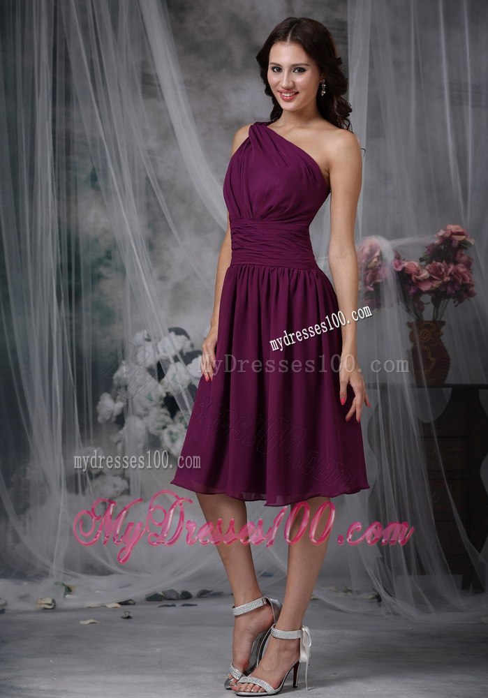 Dark Purple One Shoulder Pleated Tea Length Dresses For Bridesmaid