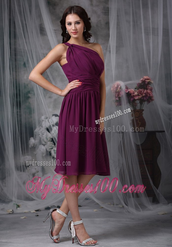 Dark Purple One Shoulder Pleated Tea Length Dresses For Bridesmaid