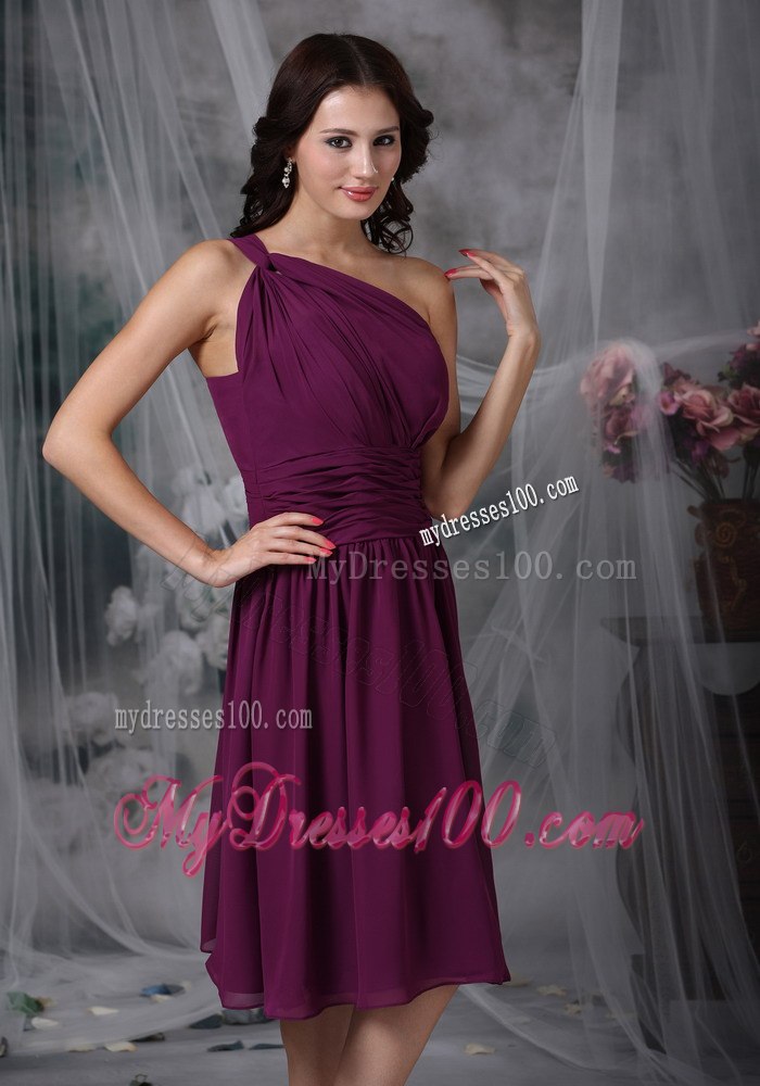 Dark Purple One Shoulder Pleated Tea Length Dresses For Bridesmaid