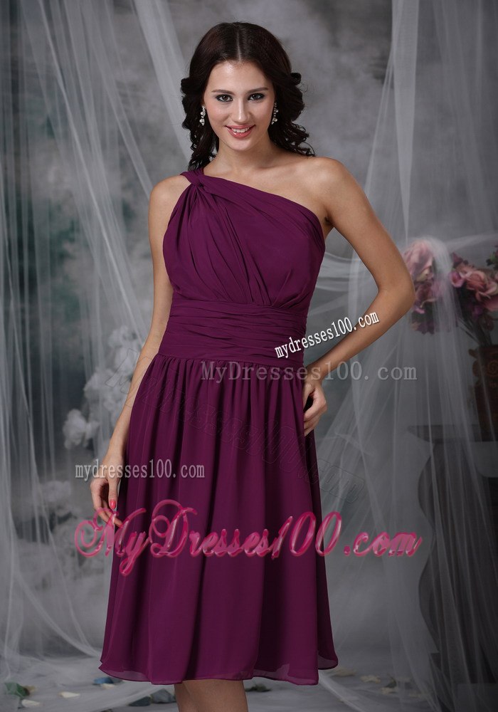 Dark Purple One Shoulder Pleated Tea Length Dresses For Bridesmaid