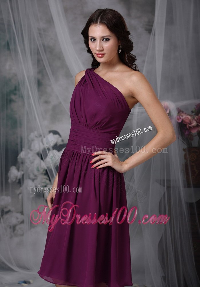 Dark Purple One Shoulder Pleated Tea Length Dresses For Bridesmaid