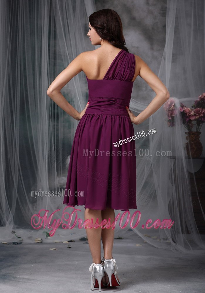 Dark Purple One Shoulder Pleated Tea Length Dresses For Bridesmaid