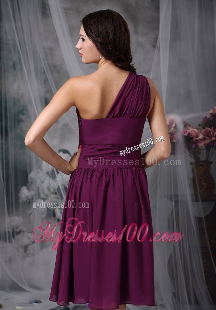 Dark Purple One Shoulder Pleated Tea Length Dresses For Bridesmaid