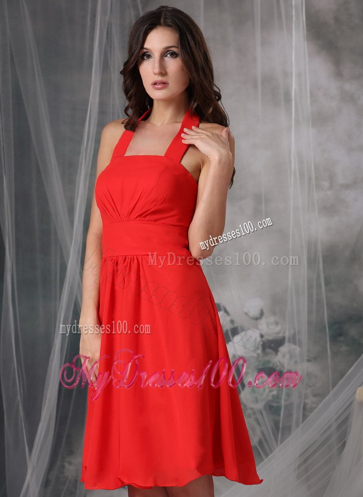 Red Dresses For Bridesmaid with Halter Neckline Knee Length