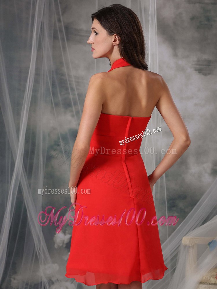 Red Dresses For Bridesmaid with Halter Neckline Knee Length