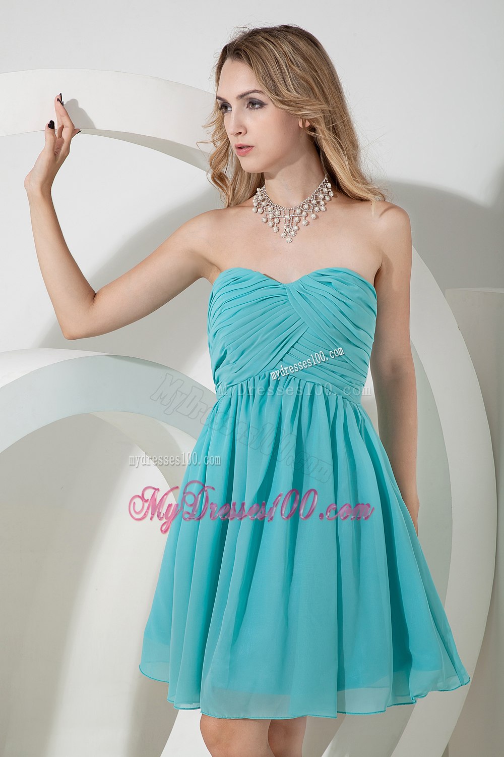 Turquoise Pleated Sweetheart Strapless Short Dresses For Bridesmaid