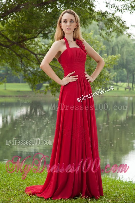Red Pleated Halter Empire A-line Maid of Honor Dress with Train