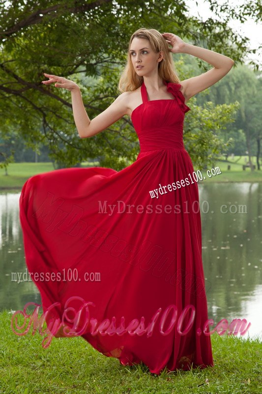 Red Pleated Halter Empire A-line Maid of Honor Dress with Train