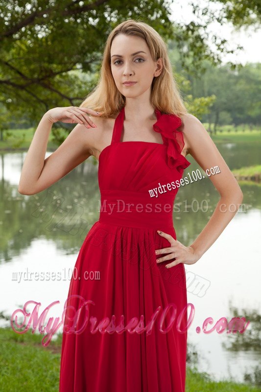 Red Pleated Halter Empire A-line Maid of Honor Dress with Train