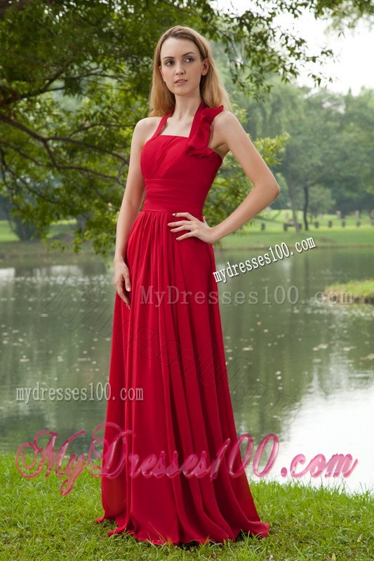 Red Pleated Halter Empire A-line Maid of Honor Dress with Train