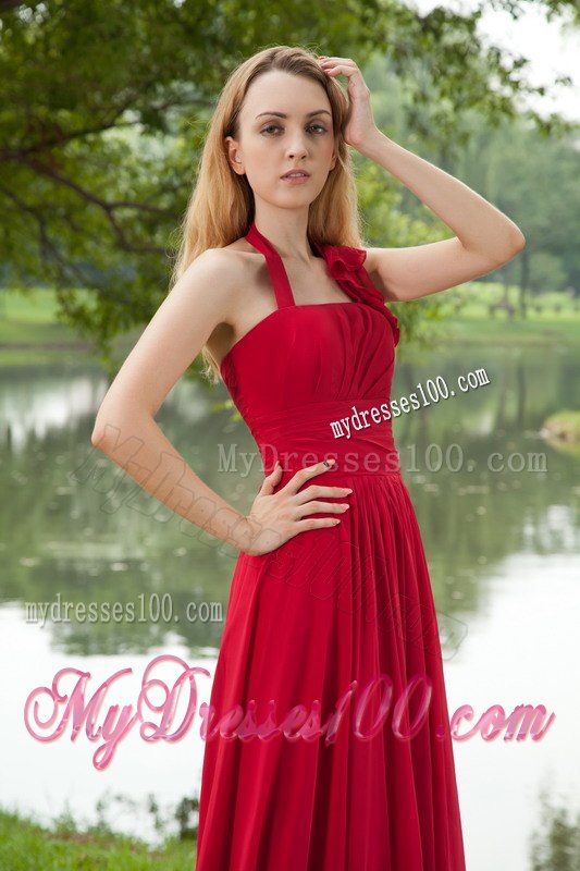 Red Pleated Halter Empire A-line Maid of Honor Dress with Train
