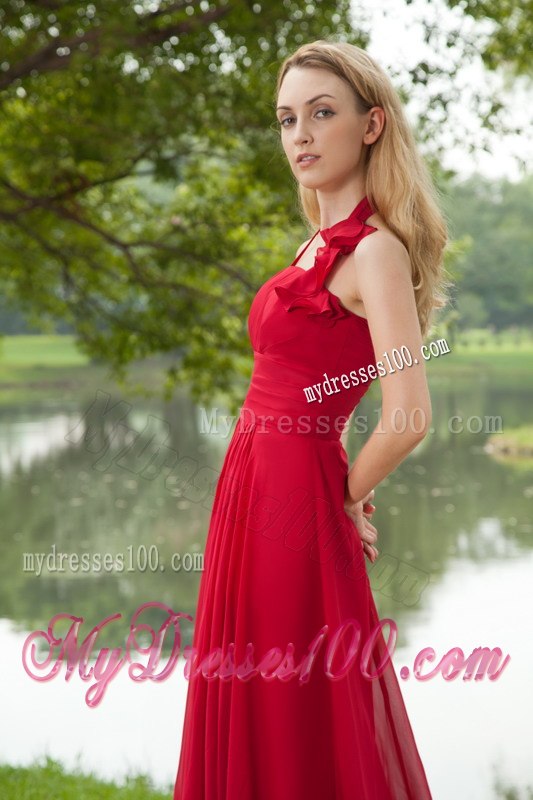 Red Pleated Halter Empire A-line Maid of Honor Dress with Train