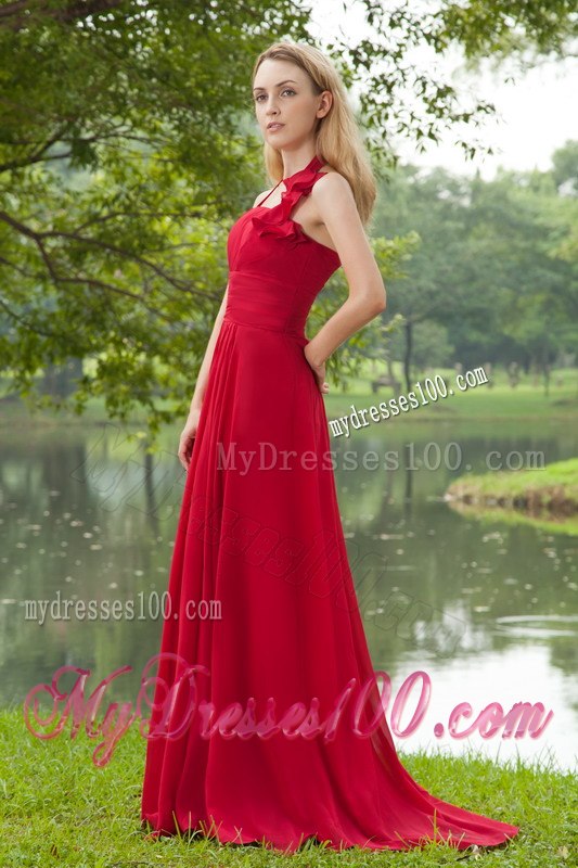 Red Pleated Halter Empire A-line Maid of Honor Dress with Train