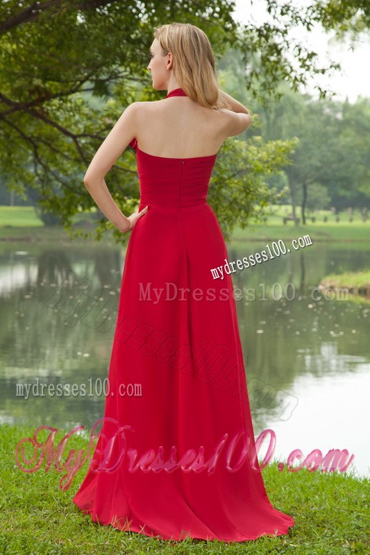 Red Pleated Halter Empire A-line Maid of Honor Dress with Train
