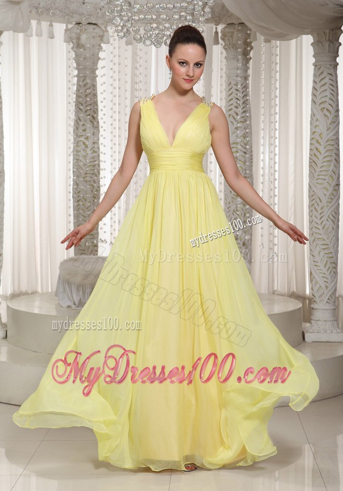 Deep V-neck Empire Pleated Yellow Junior Bridesmaid Dress with Sash
