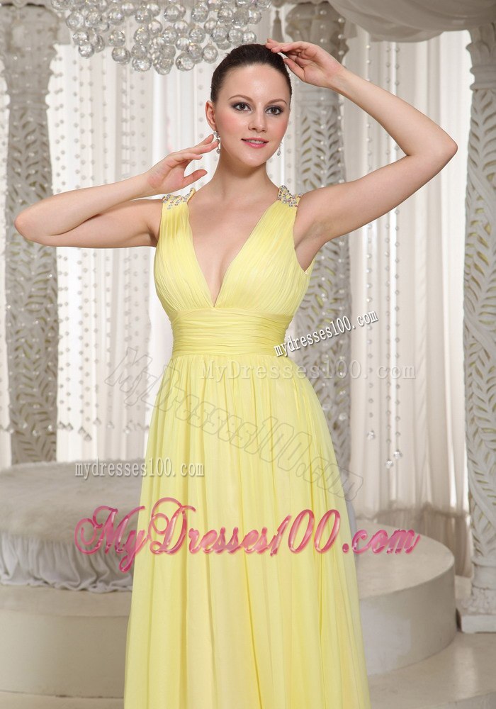 Deep V-neck Empire Pleated Yellow Junior Bridesmaid Dress with Sash