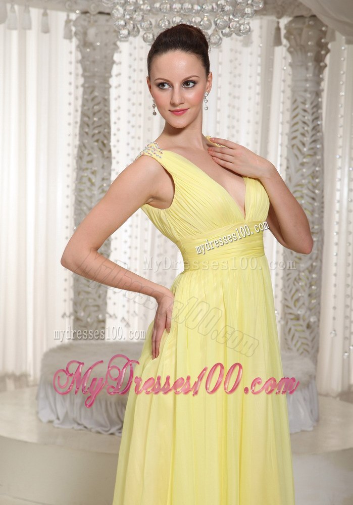 Deep V-neck Empire Pleated Yellow Junior Bridesmaid Dress with Sash