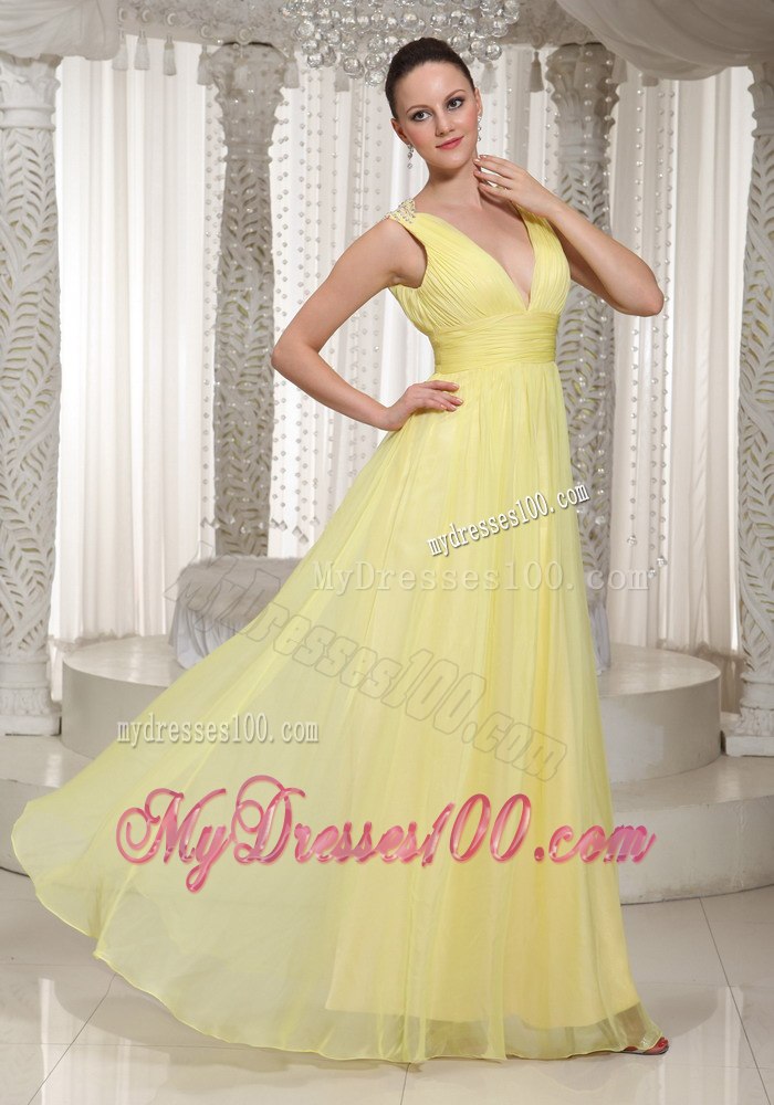 Deep V-neck Empire Pleated Yellow Junior Bridesmaid Dress with Sash