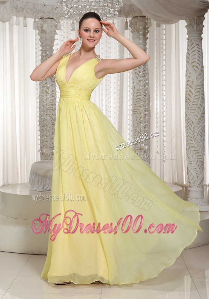 Deep V-neck Empire Pleated Yellow Junior Bridesmaid Dress with Sash