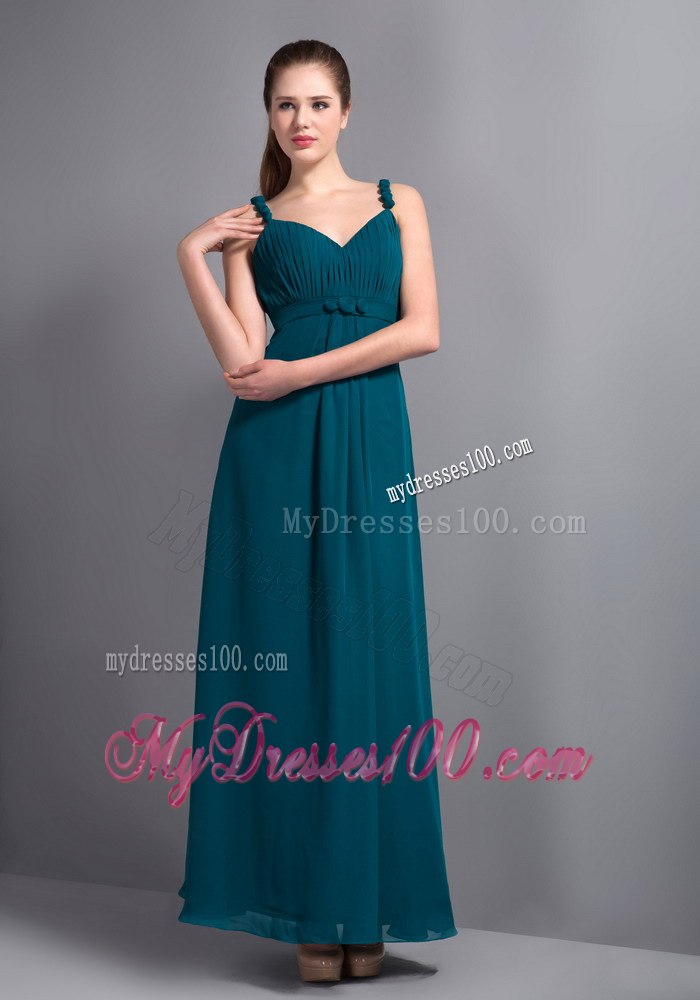 Peacock Colored Straps Sweetheart Pleated Dress for Bridesmaid Ankle Length