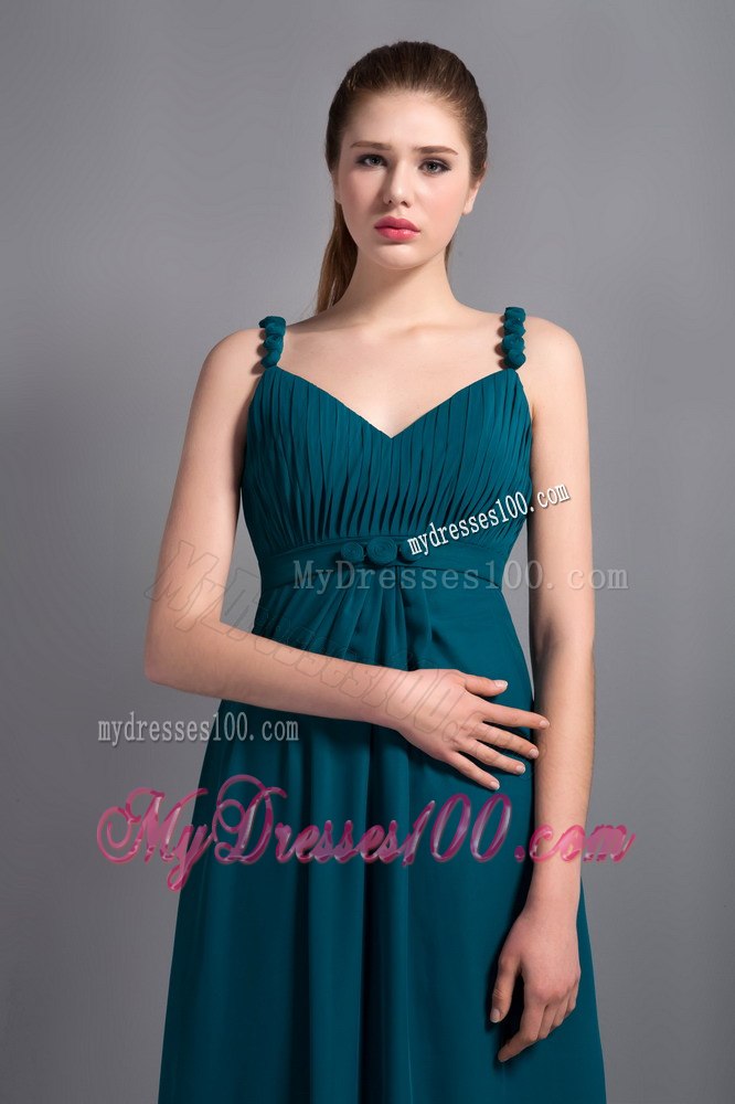 Peacock Colored Straps Sweetheart Pleated Dress for Bridesmaid Ankle Length