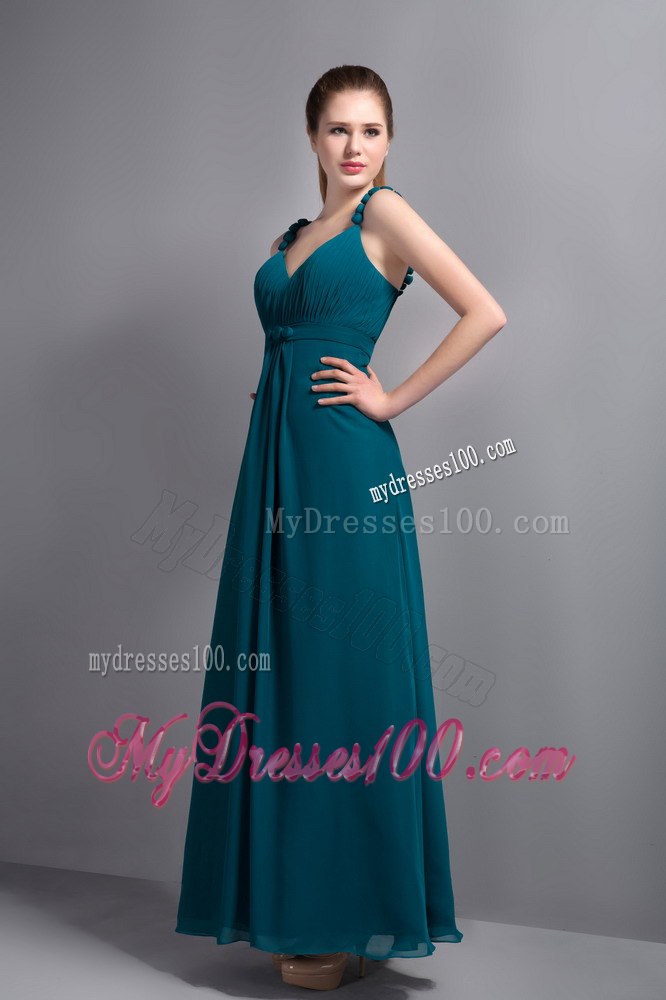Peacock Colored Straps Sweetheart Pleated Dress for Bridesmaid Ankle Length