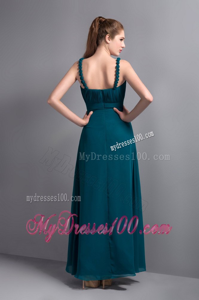 Peacock Colored Straps Sweetheart Pleated Dress for Bridesmaid Ankle Length