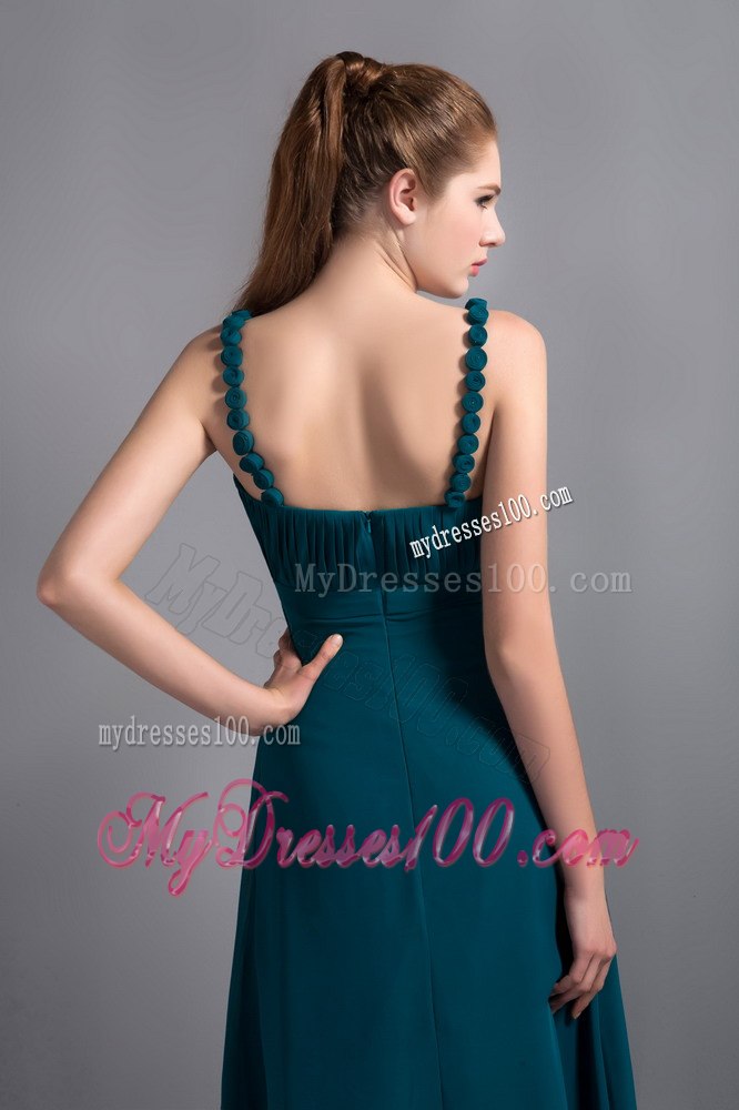 Peacock Colored Straps Sweetheart Pleated Dress for Bridesmaid Ankle Length