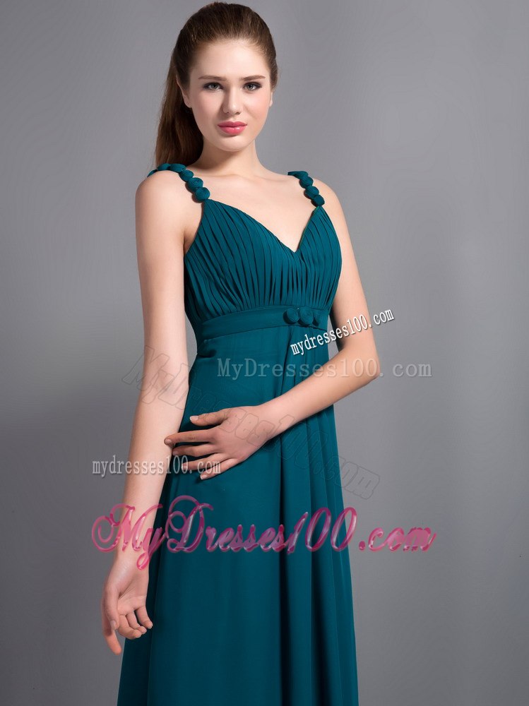 Peacock Colored Straps Sweetheart Pleated Dress for Bridesmaid Ankle Length