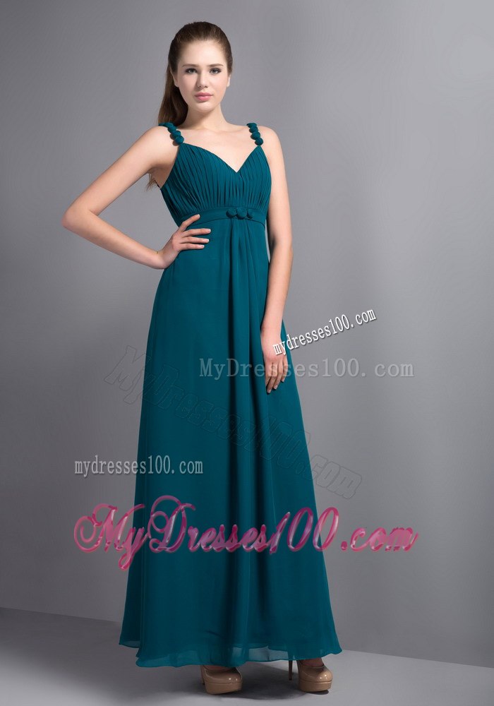 Peacock Colored Straps Sweetheart Pleated Dress for Bridesmaid Ankle Length