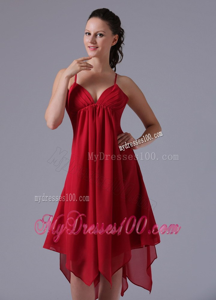 Red Spaghetti Straps Sweetheart Dresses For Bridesmaid with Asymmetric Trim
