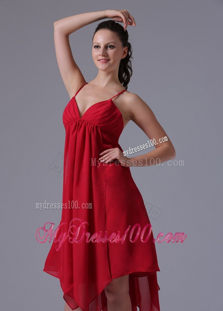 Red Spaghetti Straps Sweetheart Dresses For Bridesmaid with Asymmetric Trim