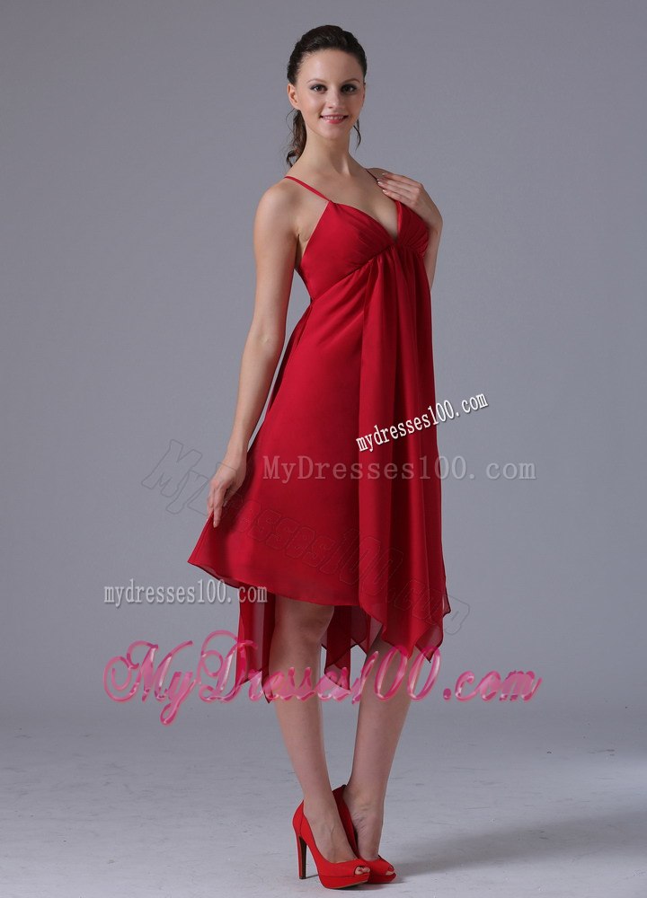 Red Spaghetti Straps Sweetheart Dresses For Bridesmaid with Asymmetric Trim