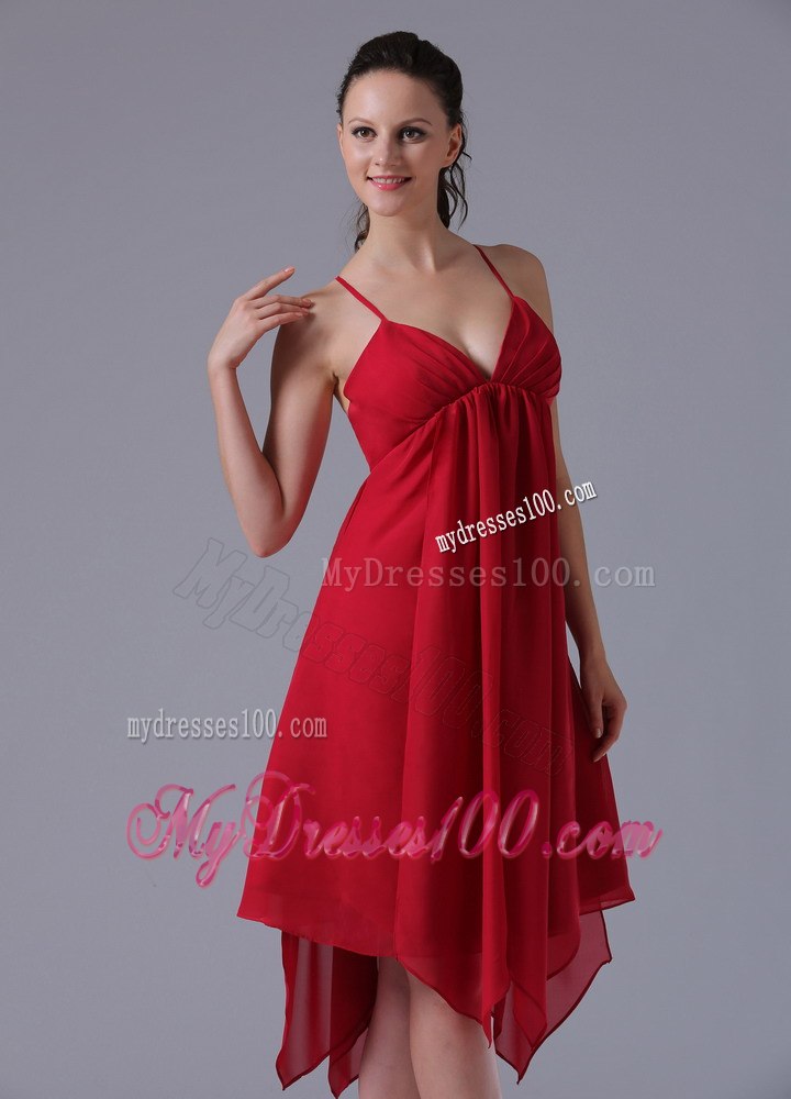 Red Spaghetti Straps Sweetheart Dresses For Bridesmaid with Asymmetric Trim