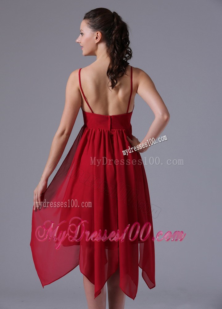 Red Spaghetti Straps Sweetheart Dresses For Bridesmaid with Asymmetric Trim