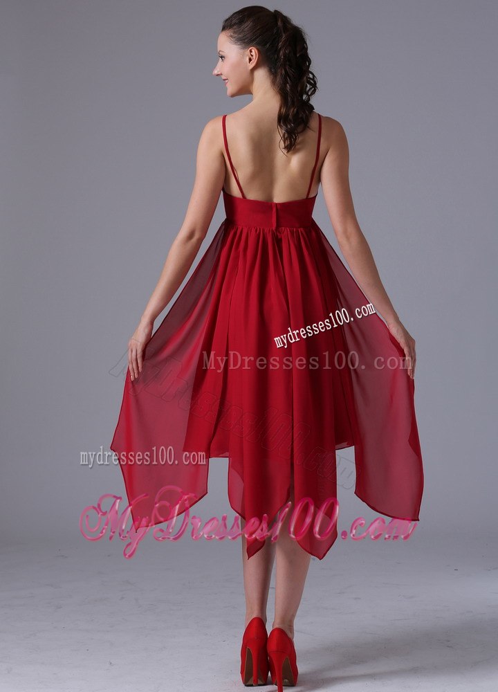 Red Spaghetti Straps Sweetheart Dresses For Bridesmaid with Asymmetric Trim