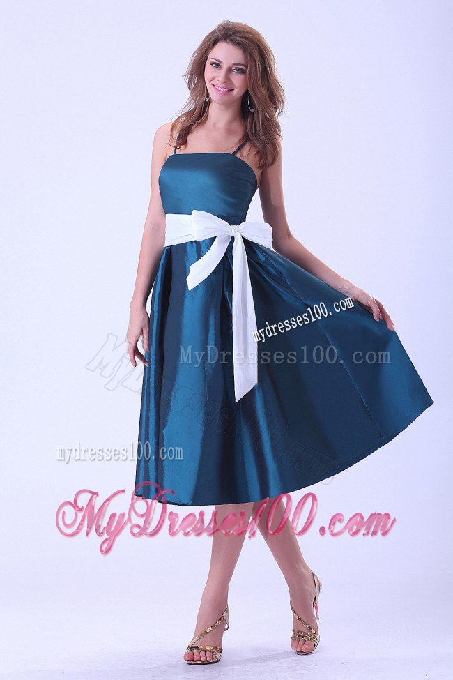 Straps Satin Cadet Blue Princess Bridesmaid Dresses with White Sash