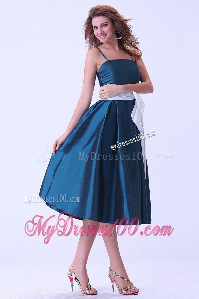 Straps Satin Cadet Blue Princess Bridesmaid Dresses with White Sash