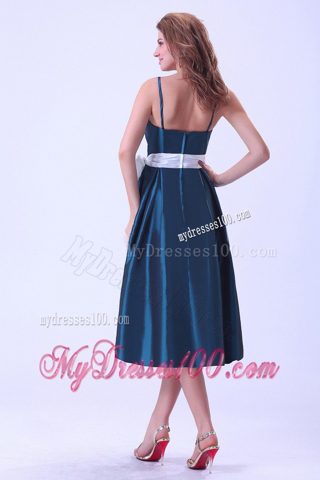 Straps Satin Cadet Blue Princess Bridesmaid Dresses with White Sash