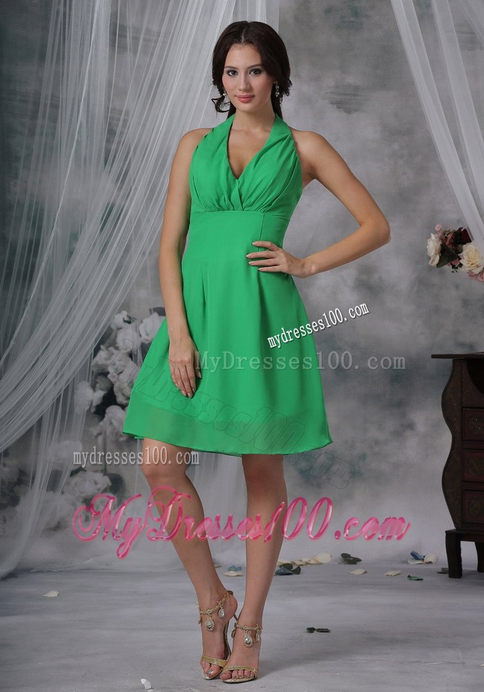Halter V-neck Pleated A-line Short Junior Bridesmaid Dress in Green
